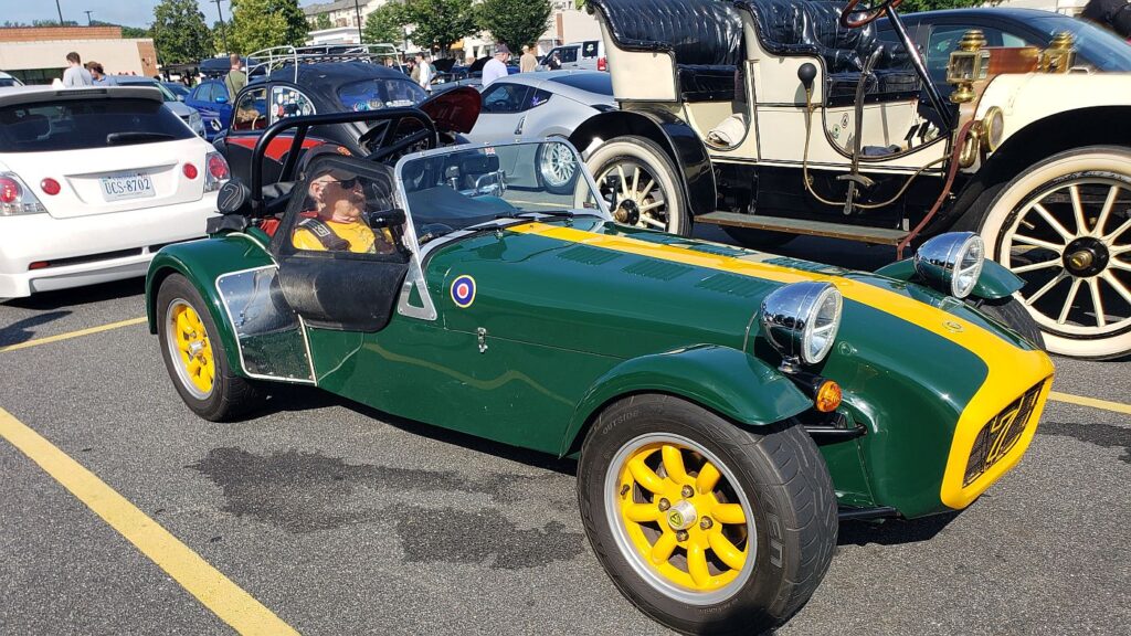 A Caterham British sports car at a 2026 Charlottesville VA Cars & Coffee event.