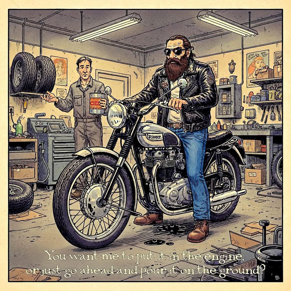 A cartoon that makes fun of the fact that old British motorcycles leak oil.